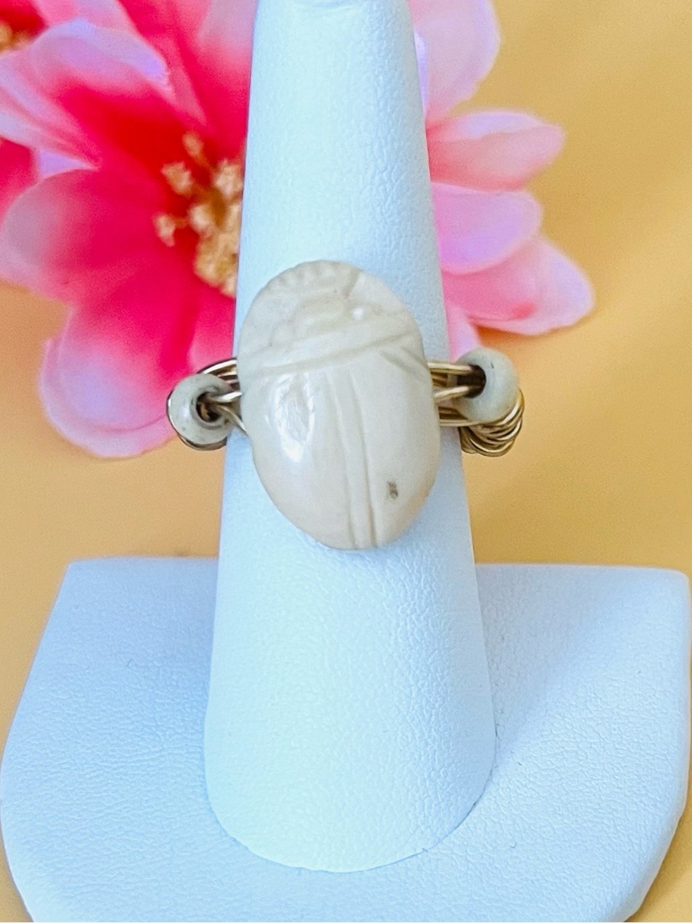 Gold plated wire wrapped vintage Scarab ring size 7, carved design